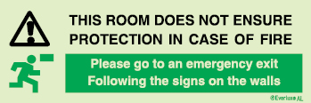 This room does not ensure protection in case of fire | Please go to na emergency exit following the signs on the walls